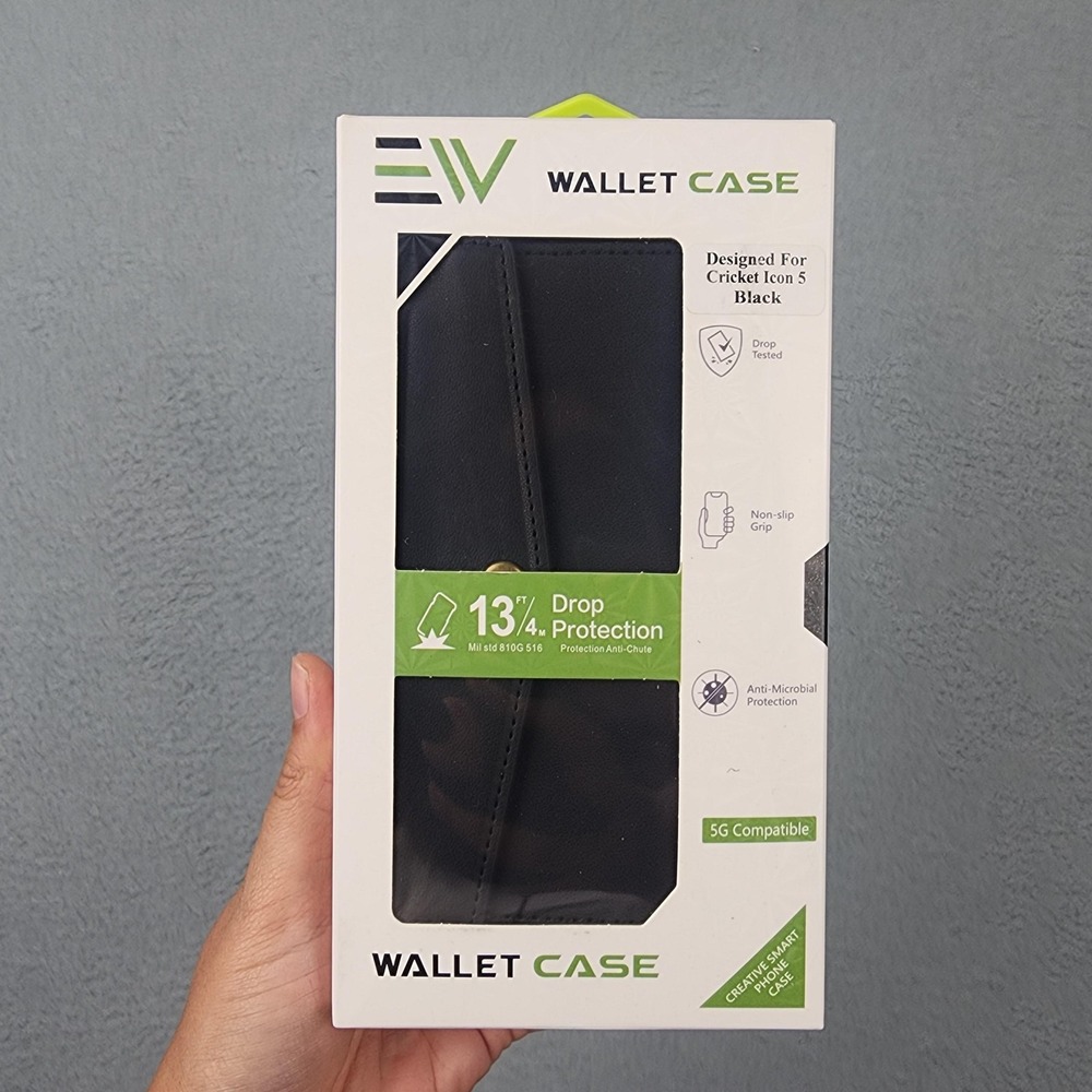 EW Wallet Case Cricket Icon 5 Black Shockproof Card Pocket Slim Folio Open Box